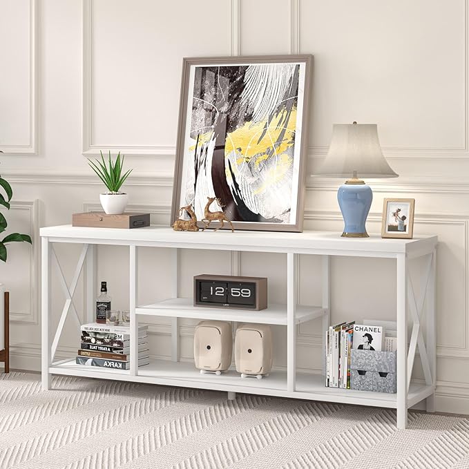 EXCEFUR 55 inch TV Stand for TV up to 65 inch, Modern Media TV Console with Storage Shelves, Entertainment Center for Living Room, Bedroom, White Oak