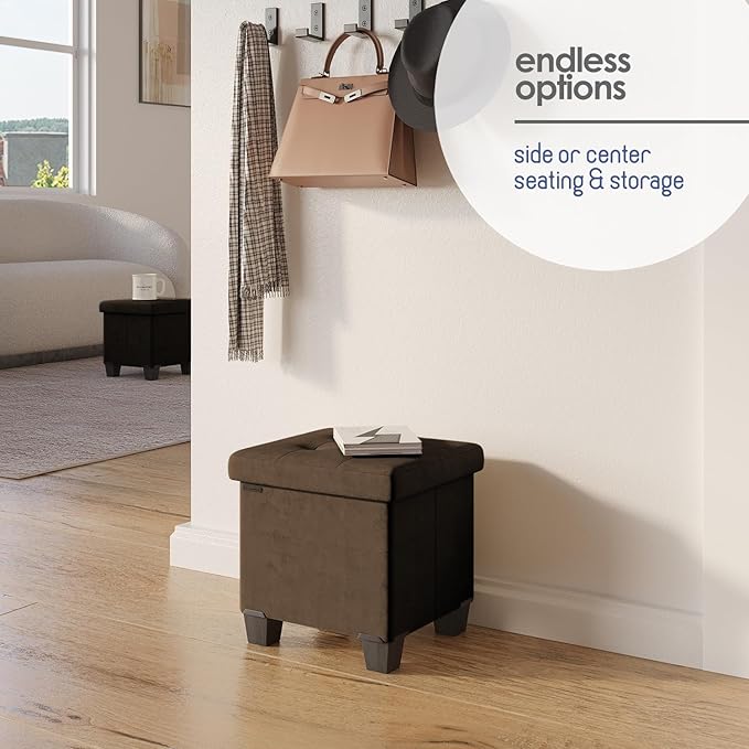 STORAGEBUD Storage Ottoman Cube with Small Bin, 15-in Square Ottoman with Storage for Living Room and Bedroom, Small Ottomans Foot Rest, Velvet Foot Stools Ottomans Max 330lbs, Brown