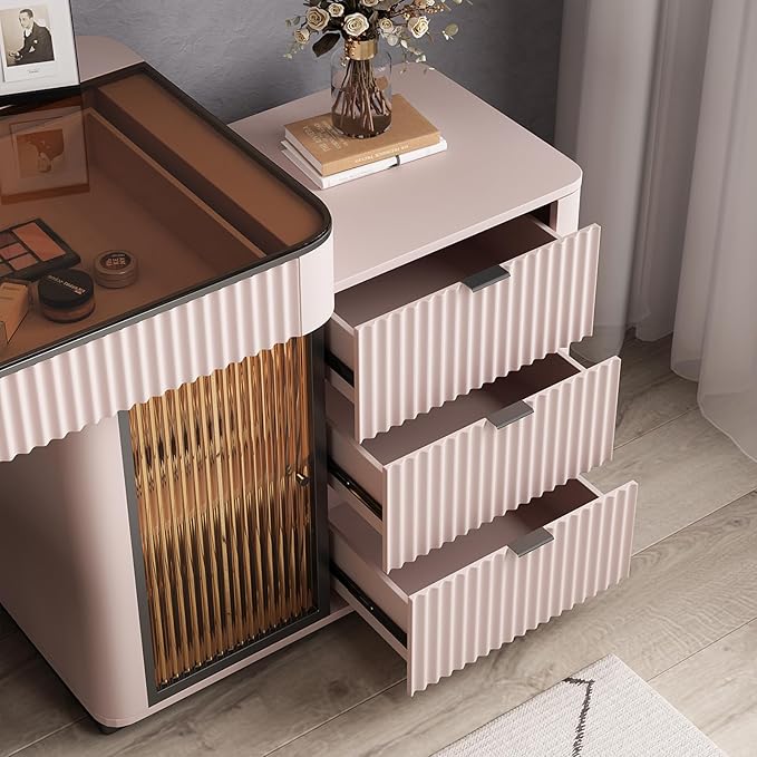 Larits Makeup Vanity with Stool, Very Easy to Assemble, Dressing Table in one, Super Storage with LED Light Vanity Mirror with ash Full Solid Wood upholstered Vanity Stool (Pale Pink, 47 in)