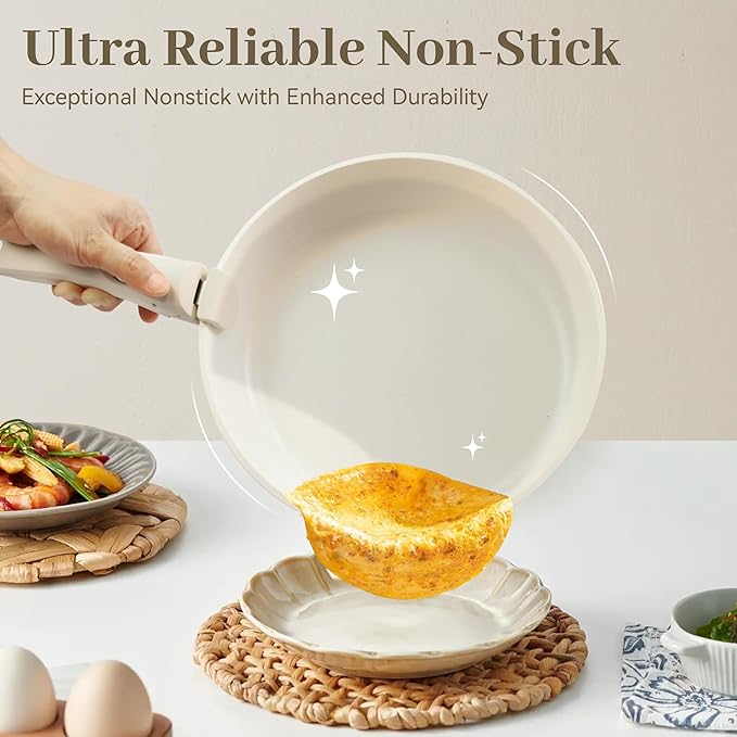 LABOR DAY SALE - Cuisinluv 15-Piece Ceramic Nonstick Pots and Pans Set – Kitchen Cookware with Detachable Handle, RV Camping Cookware Set – Oven & Dishwasher Safe, PFOA-Free – Cream White