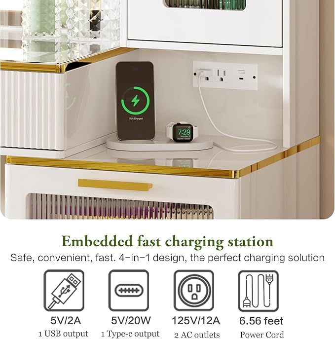 47.24" Big Modern Vanity Desk with Mirror and Lights,Makeup Vanity Desk with 5 Drawers and Storage Shelves & Power Outlet,Dressing Table with Glass Top, White