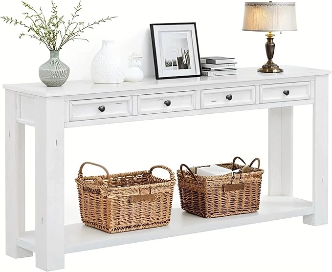White Console Table,Solid Wood Sofa Table with 4 Drawers Hallway Table for Storage Entry Foyer Behind Couch Table,Fully Assembled (63" White)
