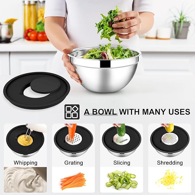 E-far Mixing Bowls with Lids Set, 21PCS Stainless Steel Salad Mixing Bowls with 3 Grater Attachments, Size 7, 4.6, 3.5, 2.6, 2, 1.5, 1QT, Nesting Design & Black Airtight Lid, For Baking/Prepping