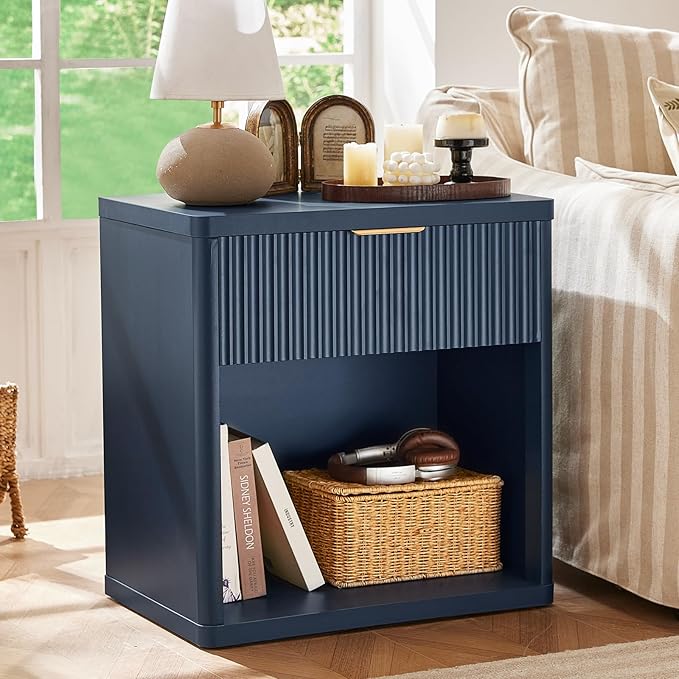 LEYAOYAO Fluted Nightstand with Charging Station, 23" Wide 1 Drawers Night Stand,Blue End Table with Open Storage,Farmhouse Bed Side Tables, Wood Dresser for Bedroom, Living Room, Closet