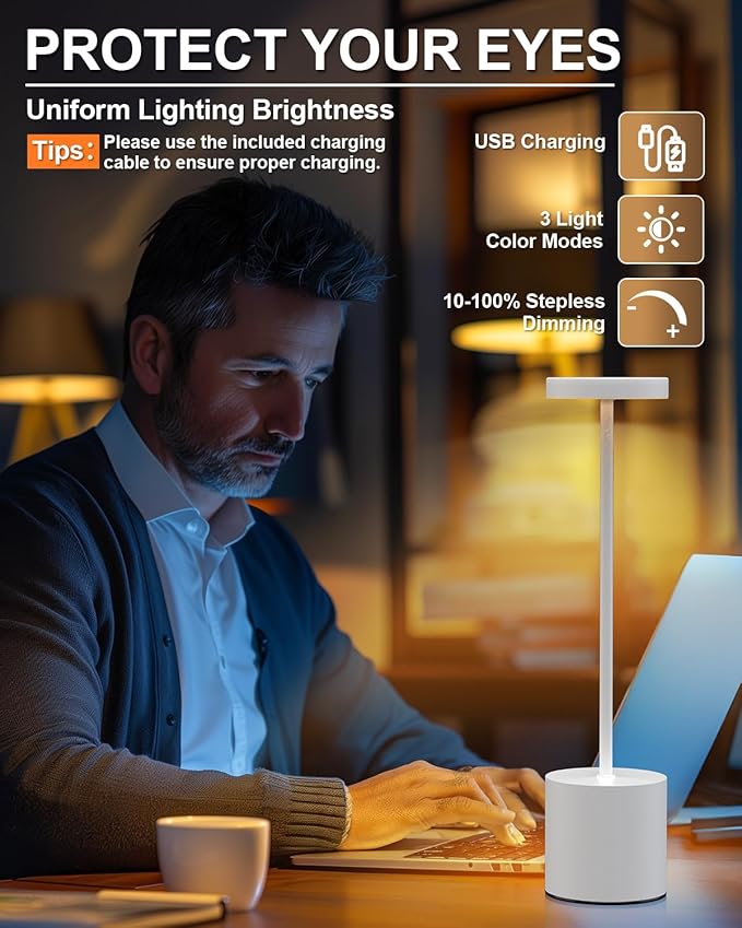 Cordless Table Lamps Rechargeable Set of 2, Portable LED Desk Lamp, 5000mAh Battery Powered Wireless Table Light - 3 Color Dimmable Lighting for Restaurant Dining Patio Outdoor Bedroom(White)