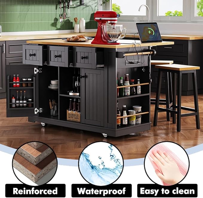 Rolling Kitchen Island with 2 Bar Stools, Kitchen Cart on Wheels with Drop Leaf, Mobile Kitchen Storage Cart with Power Outlet, 53 Inch Width (with 2 Bar Stools: Black)