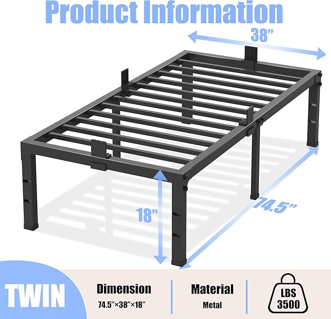 Twin Size Bed Frames 18 inch High 3500 lbs Heavy Duty Metal Platform, Mattress Foundation with Steel Slat Support/No Box Spring Needed/Noise Free/Non-Slip/Easy Assembly