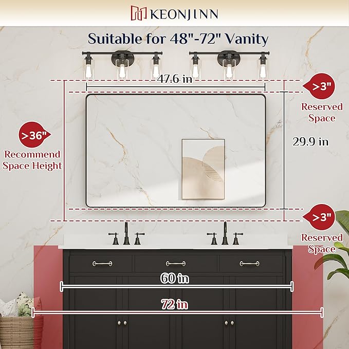 Keonjinn 48 x 30 Brushed Nickel Bathroom Mirrors for Over Sink, Large Rounded Rectangle Bathroom Vanity Mirror, Modern Decorative Silver Mirror, HD Tempered Glass Wall Mirror(Horizontal/Vertical)