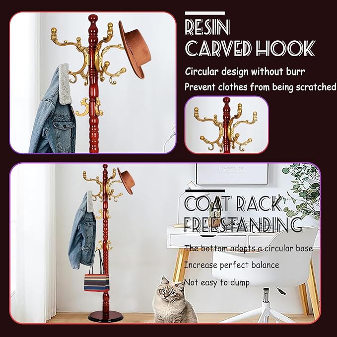 73 in Wood Coat Rack, Coat Rack Freestanding with Stable Round Base, Adjustable Height Tree Coat Racks Stand for Home Bedroom Office Hallway Entryway (Haitang color)