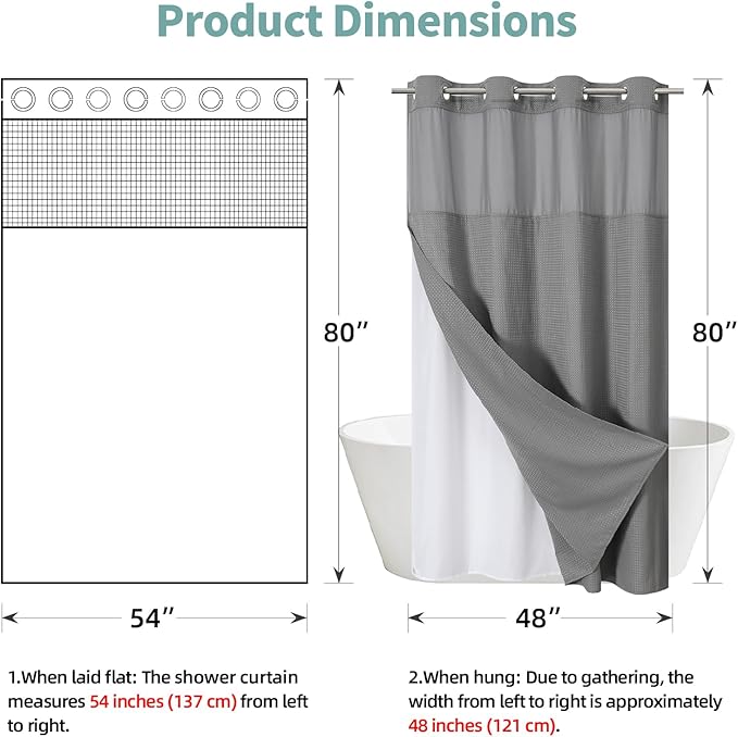 Grey No Hook Waffle Weave Shower Curtain with snap-in Liner Replacement, 230GSM Waterproof Fabric Hotel Shower Curtain Set for Bathroom, Through Mesh Top Window,54Wx80H