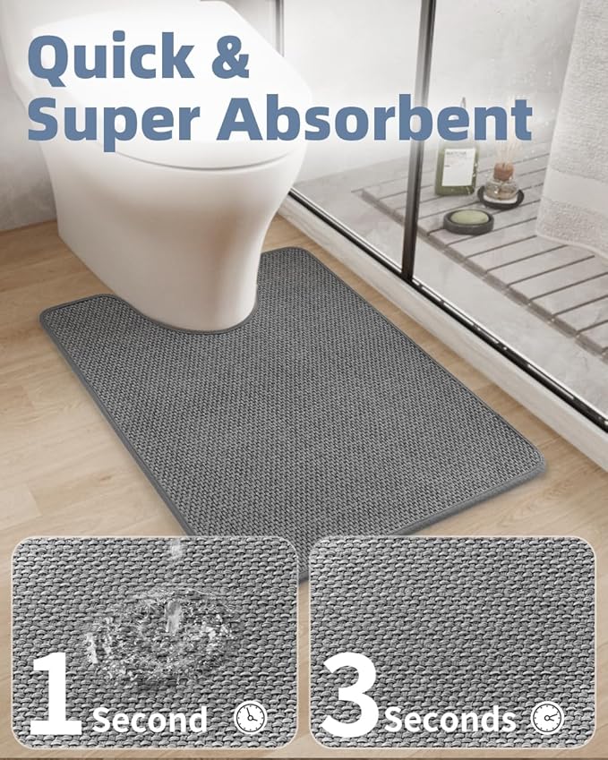 PADOOR Braided U Shaped Toilet Rug, 20x24 Grey, Super Absorbent, Non Slip, Machine Washable, Bathroom Floor Mat