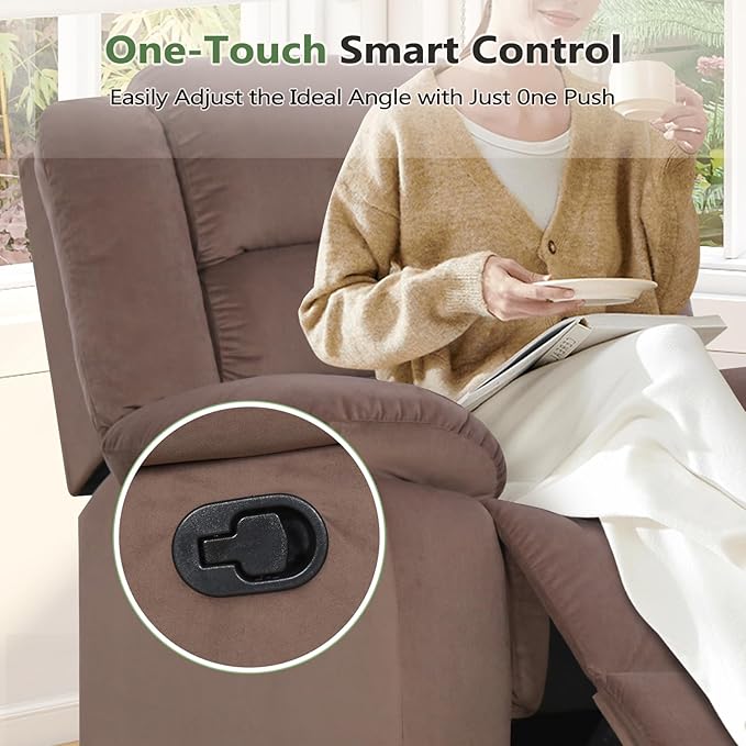 ANJ Fabric Recliner Chair with Overstuffed Arm and Back, Comfy Chocolate Manual Reclining Chairs for Adults, Living Room Single Sofa Recliners