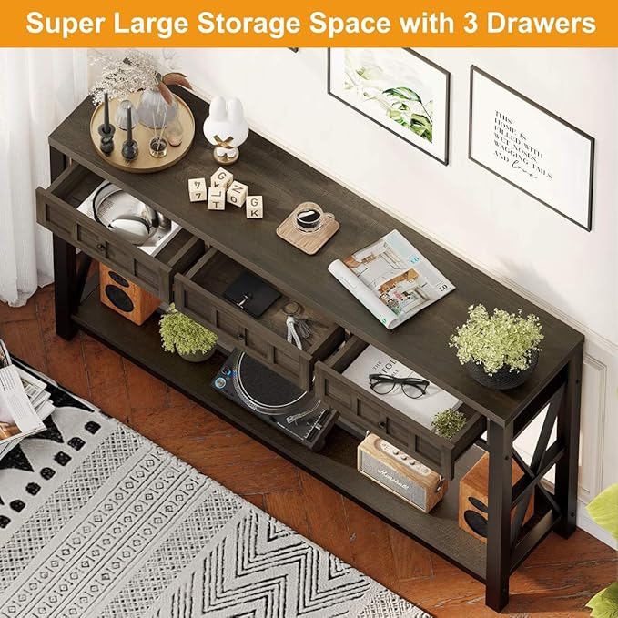 FATORRI Console Sofa Table for Entryway, Entry Way Table with Storage and 3 Drawers for Living Room, Farmhouse Foyer Tables for Hallway, Front Door, Living Room (54.72 Inch Long, Walnut Brown)