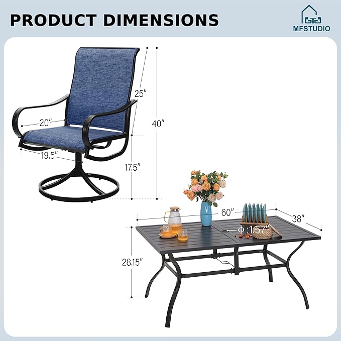 MFSTUDIO Patio Table and Chairs Set of 6, Outdoor Dining Set for 6 with Metal Table and Swivel Chairs, 7 Piece Outdoor Patio Furniture Set for Deck/Backyard/Poolside/Garden