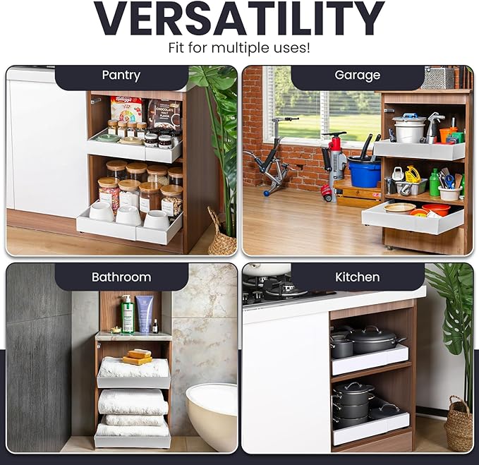 Pull Out Cabinet Organizer – Adjustable Sliding Shelf Inserts for Cabinets - Expandable Shelf Organizer from 12.6" to 20.5" – No Drill or Screw Install (White, 2 pack)