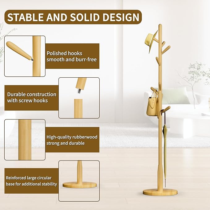 Solid Wood Round Base Coat Rack, Free Standing Hall Coat Tree with 8 Hooks（+2 spare) for Coats, Hats, Bags, Purses, for Entryway, Hallway, Rubberwood Hooks,Base and Pole(Round Base, Natural Beige)