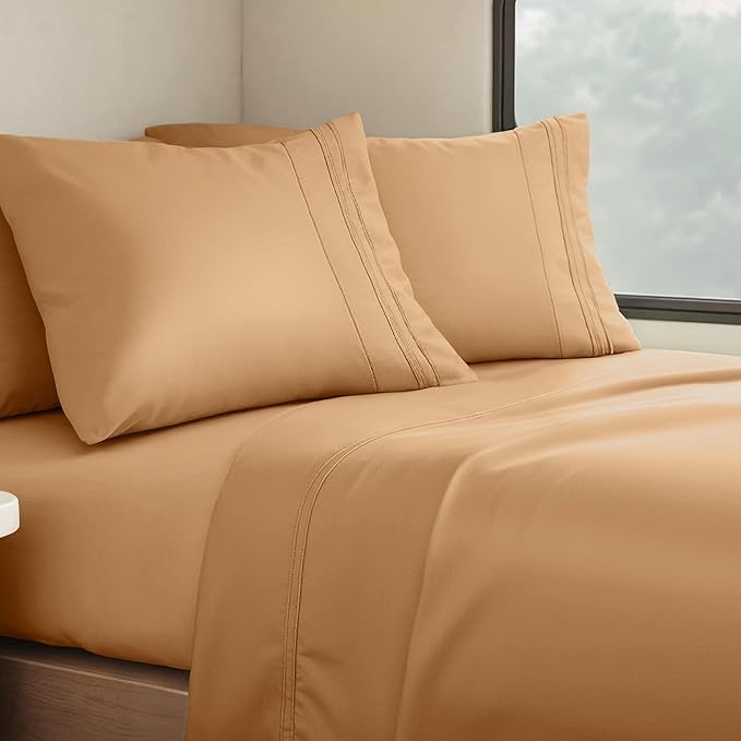 Clara Clark Bed Sheets, Premier 1800 Series 4 Piece RV Queen Sheet Set, Luxury Soft Sheets for RV Bunks, Short Queen - Mocha Brown