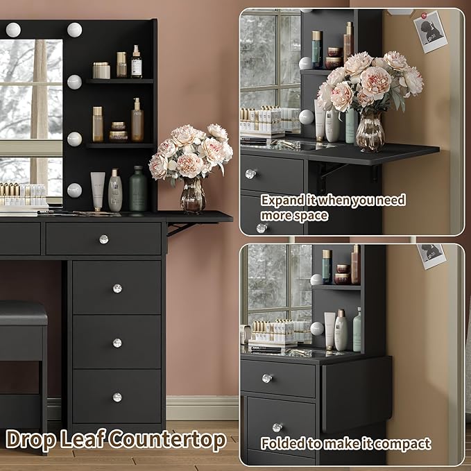 9 Drawers Vanity Desk & Power Outlet, Makeup Vanity with Mirror and 10 LED Lights, 3 Lighting Modes Brightness Adjustable, Makeup Table with 4 Shelves and Fold-up Panel, Vanity Set for Bedroom, Black