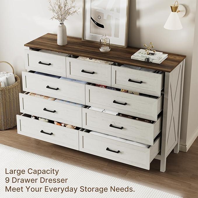 LYNSOM Farmhouse 9 Drawer Dresser for Bedroom, 55 Inch Wide Wood Rustic Chest of Drawers with X-Marking & Bar Handle, Large Storage Dressers Organizer for Bedroom, Living Room, Antique White