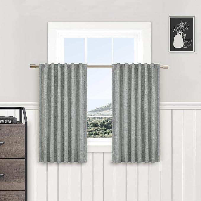 100% Linen Blackout Curtains for Bedroom 45 Inches Long, Back Tab/Rod Pocket Kitchen Drapes, Thermal Insulated Textured Blackout Curtains 2 Panels Set, 52" W x 45" L, Grey