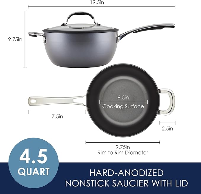Rachael Ray Cook + Create Hard Anodized Nonstick Saucier Pan/Saucepan with Lid and Helper Handle, 4.5 Quart - Black
