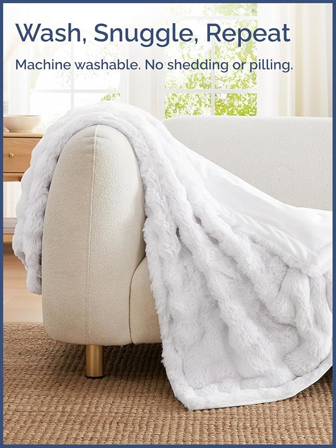 Fluffy Blanket Throw Size - Faux Fur Throw for Couch or Bed - Ultra Plush Soft Extra Thick Faux Fur Rabbit Blanket - Comfy, Fuzzy, Warm & Breathable - Luxury Minky Tie Dye Bedding - 50" x 60", White