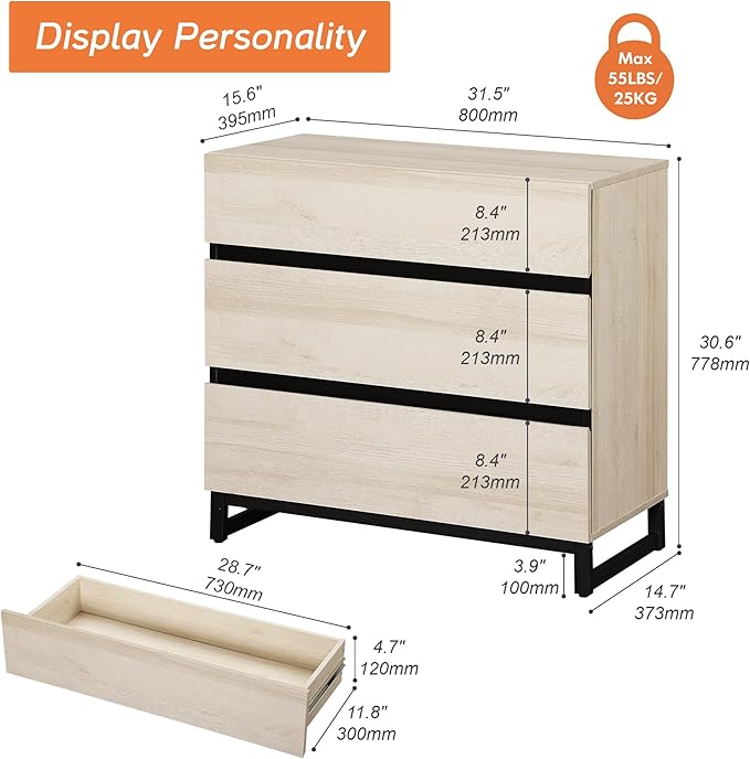 Wampat Modern TV Stand for 40 inch TVs, Entertainment Center Console with 3 Drawers, Metal Base, Living Room, Bedroom, Light Oak