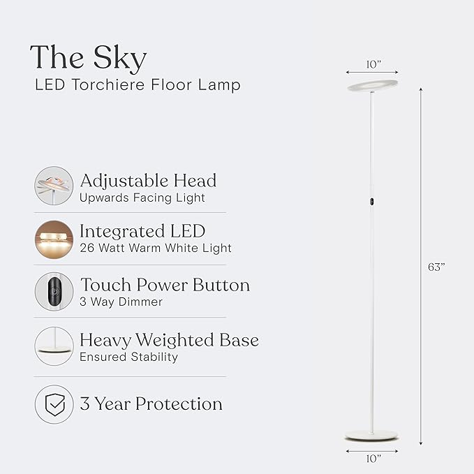 Brightech Sky LED Torchiere Super Bright Floor Lamp - Contemporary, High Lumen Light for Living Rooms and Offices - Dimmable, Indoor Pole Uplight for Bedroom Reading - White