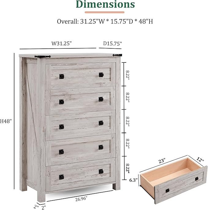 RedLemon Farmhouse 5 Drawer Dresser, 48" Tall Rustic Chest of Drawers, Wood Dresser for Bedroom, Living Room, Hallway, Antique Brush White