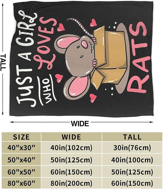Just A Girl Who Loves Rats Blanket Soft Cozy Mouse Rat Plush Throw Blanket Warm Animal Flannel Fleece Stuff Decor Blanket Gifts for Lover Teens Kids Girls Boys Women Adults Bed Travel 50"x60"