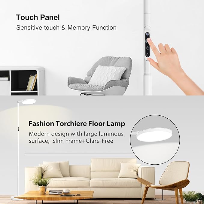Torchiere Floor Lamp, Eye-Care Reading Lamp, 72" White Standing Lamps with Touch Control, Modern Bright Lamp for Bedroom,Office,Living Room