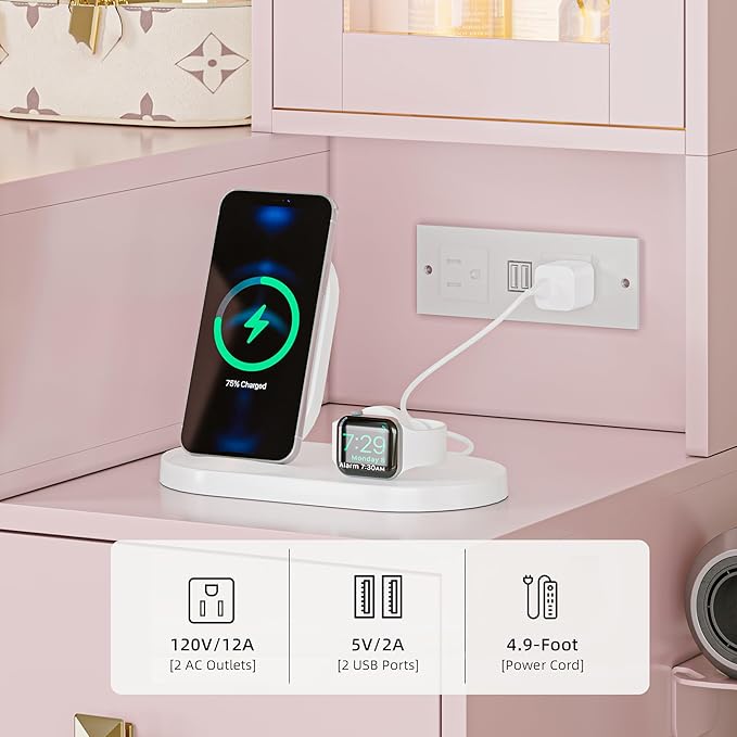 Vanity Desk with Mirror and Lights, Pink Makeup Vanity with 5 Drawers Hidden Jewelry Organizer& LED Glass Cabinet,3 Light Mode and Brightness Adjusted,Vanity Mirror with Lights Desk and Chair