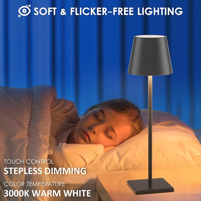 4-Pack LED Rechargeable Table Lamp, Battery Desk lamp 3W 6000mAh Battery Operated Stepless Dimming Modern Portable Table Light for Restaurant/Dinner/Bedroom/Outdoor IP54 Waterproof (Black)