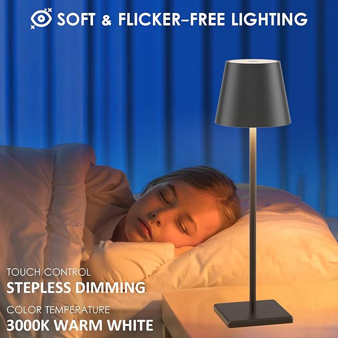 2-Pack LED Cordless Table Lamp, Rechargeable Battery Desk lamp 3W 5500mAh Battery Operated Stepless Dimming Modern Portable Table Light for Restaurant/Dinner/Bedroom/Outdoor IP54 Waterproof (Black)