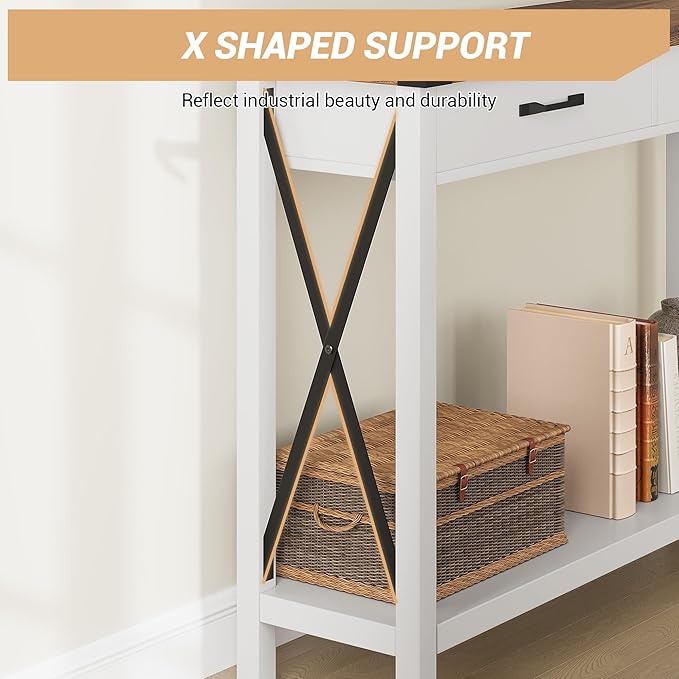 Klaesio 31-inch Side Table Suitable for Entrances, Hallways, and Living Rooms Two-Tier Narrow Sofa Side Table Industrial-Style Entrance Table with Drawers and Open Storage Shelves - White + Brown