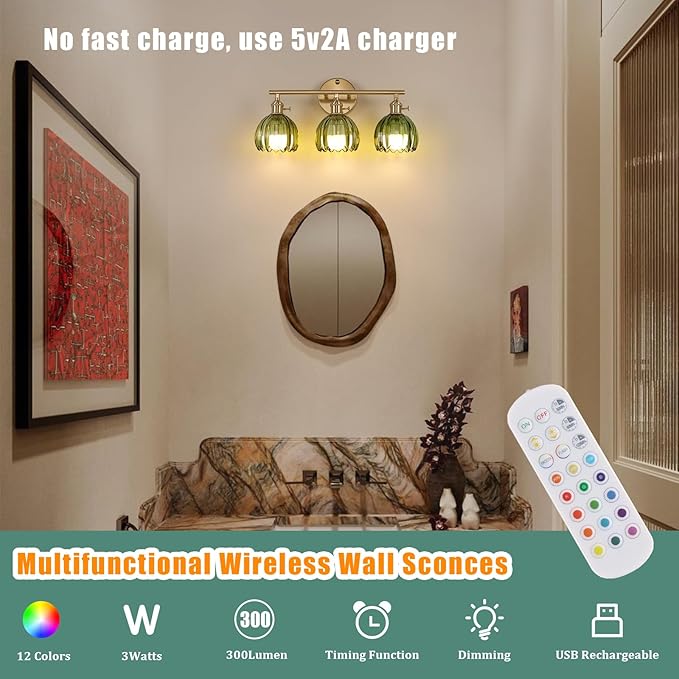 Battery Operated Bathroom Light Fixtures, 3-Light Brass Vanity Wall Light with 5000mAh Rechargeable Bulb Over Mirror with Green Tulip Glass Shade for Bedroom Living Room