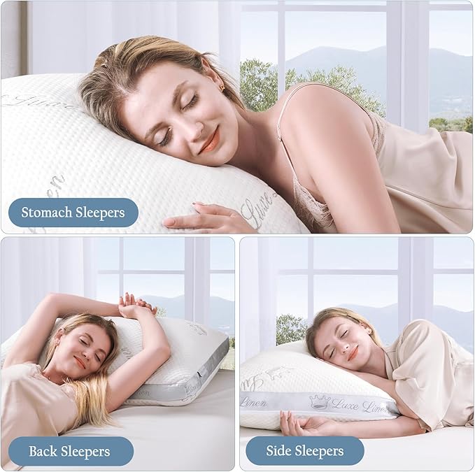 Organic Cotton Queen Bed Pillows, Shredded Memory Foam Pillows, Adjustable Bed Pillow for Sleeping, 20"x30"Organic Cotton Bed Pillows for Side, Back, Stomach Sleepers（Pack of 1）