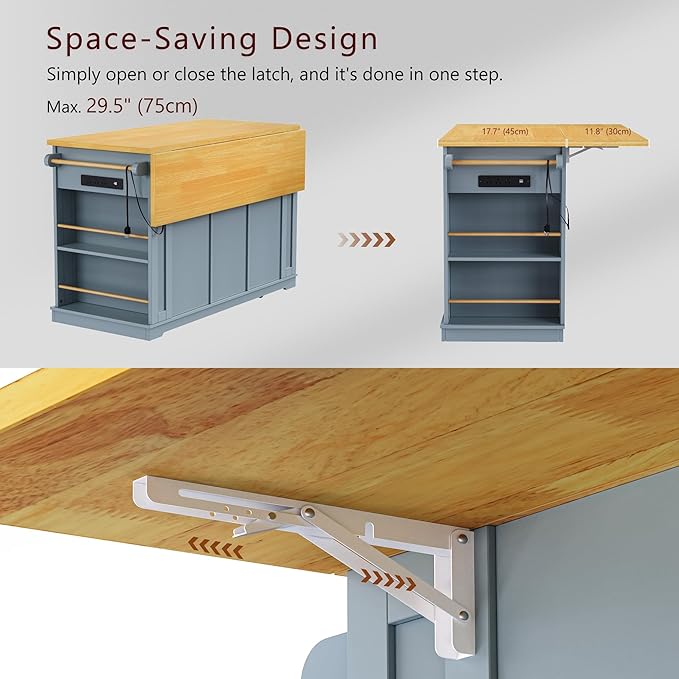 Large Kitchen Island Cart on 5 Wheels with Power Outlet, Drop Leaf, 3 Drawers, Kitchen Storage Cart with 5 Open Side Racks for Kitchen, Dining Room, Home Bar Grey Blue