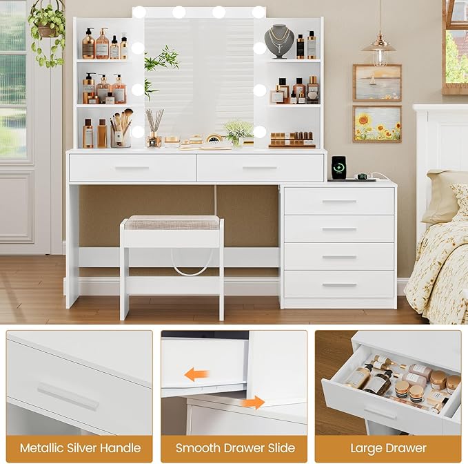 Quimoo 48" Large Vanity Desk with Mirror & Lights, Makeup Vanity Table with 6 Drawers & Power Outlet, 4 Open Storage Shelves, Vanity Desk Set with Stool, for Women Girls, White