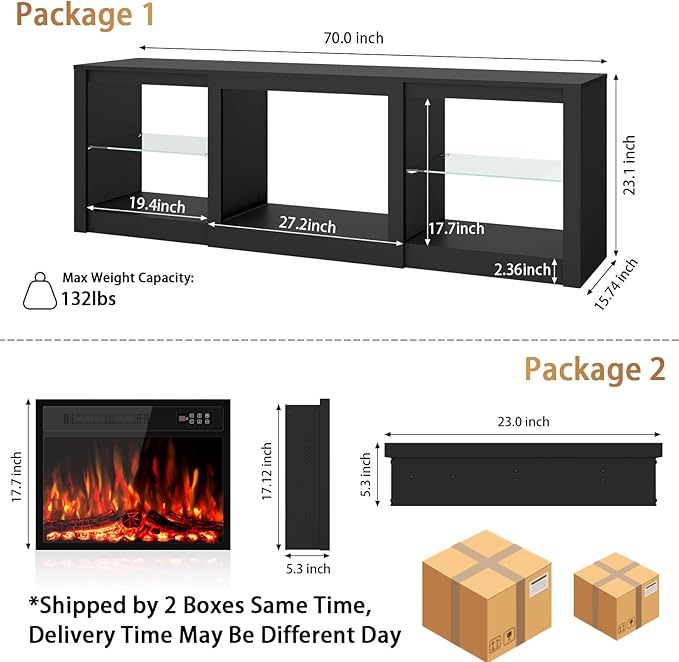 Ludatido 70 Inch Fireplace TV Stand with 23" Fireplace Insert, Entertainment Center with 14-Color LED Lights, Open Storage, Adjustable Glass Shelves, Black TV Stand for Living Room Fits up to 80" TVs