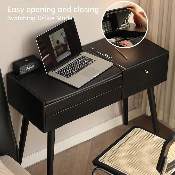 Small Vanity Desk with LED Mirror, Solid Wood Flip-top Design Dressing Table with Drawer Divider, Vintage Dressing Table Vanity Desk for Bedroom, Black, 40" D x 17" W x 31" H