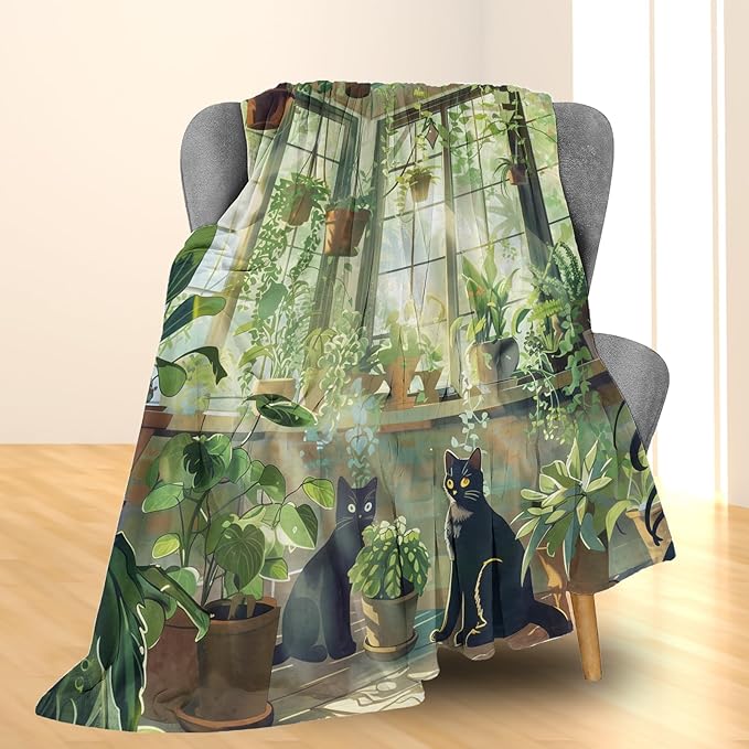 Sunlight Garden Cats Blanket - Ultra Soft, Fluffy, Lightweight Flannel Throw Blankets for Couch, Bed, Travel, Outdoor - Cozy, Fuzzy Home Decor - Lush Plant and Black Cat Design 60×50 in