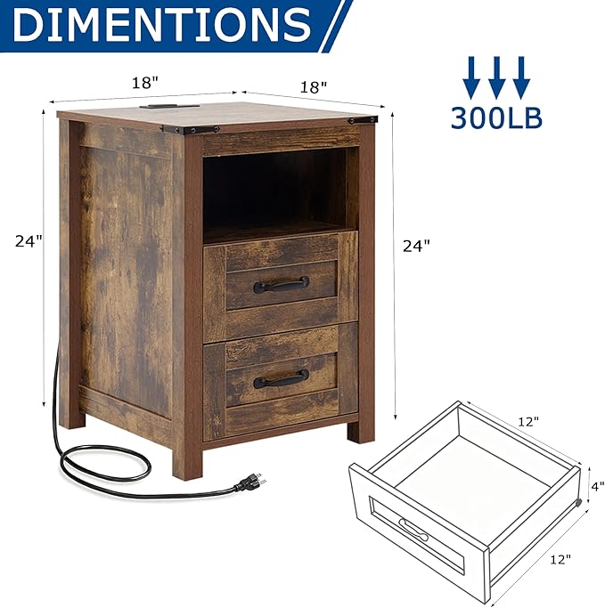 Farmhouse Night Stand, Rustic Brown Nightstand for Bedroom, End Tables with Charging Station, Bedside Table with Drawers, Wood Bedside Cabinet Dresser