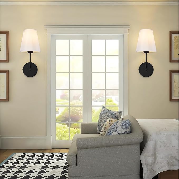 Modern Hardwired Wall Sconce Set of 2 – Matte Black Finish with White Fabric Shades,Farmhouse Bedroom & Living Room Lighting, Hallway, Fireplace, Bathroom