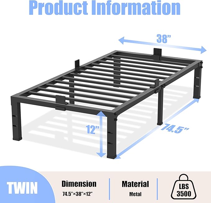 Twin Bed Frames 12 inch High 3500 lbs Heavy Duty Metal Platform Mattress Foundation with Steel Slat Support/No Box Spring Needed/Noise Free/Non-Slip/Easy Assembly