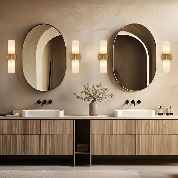 Alabaster Wall Sconce 14in Modern Spanish Natural Marble Bathroom Vanity Sconces, Antique Brass Sconces Wall Lighting, Gold Wall Light Fixtures Decor, for Bedroom Living Room Staircases Hallway