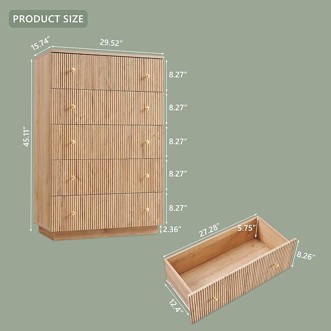 Fluted Dresser for Bedroom, 5 Drawer Dressers, Wood Tall Dresser Storage Organizer, Chest of Drawers with Deep Storage, Modern Bedroom Chest for Closet Hallway, Entryway, Living Room, Natural