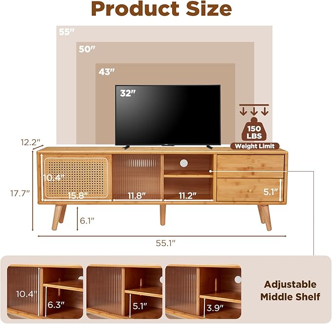 Rattan Boho TV Stand for TVs up to 65 inch, Entertainment Center with Rattan Door, Height-Adjustable Shelves & 4 Cabinets & Drawers, Long Boho Media Console for Living Room, Natural