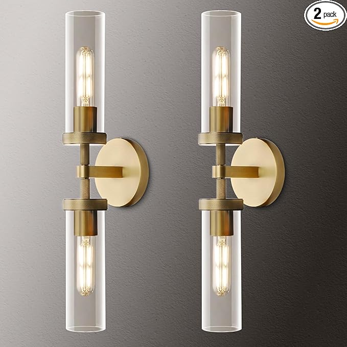 Knurled Brass Wall Sconces Set of Two,21" Sconces Wall Lighting 2-Light, Gold Bathroom Wall Sconces, Glass Vanity Lights, Indoor Wall Sconce for Bathroom,Bedroom, Living Room, Hallway