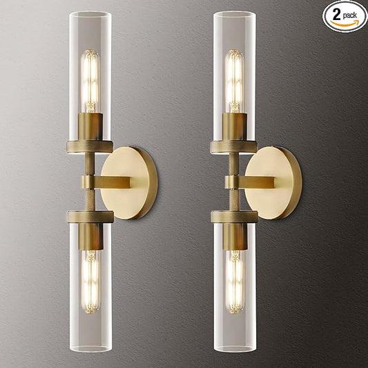 Knurled Brass Wall Sconces Set of Two,21" Sconces Wall Lighting 2-Light, Gold Bathroom Wall Sconces, Glass Vanity Lights, Indoor Wall Sconce for Bathroom,Bedroom, Living Room, Hallway